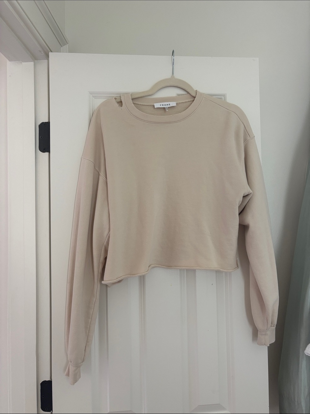 Frame Denim Cropped Crewneck Sweatshirt in Light Taupe